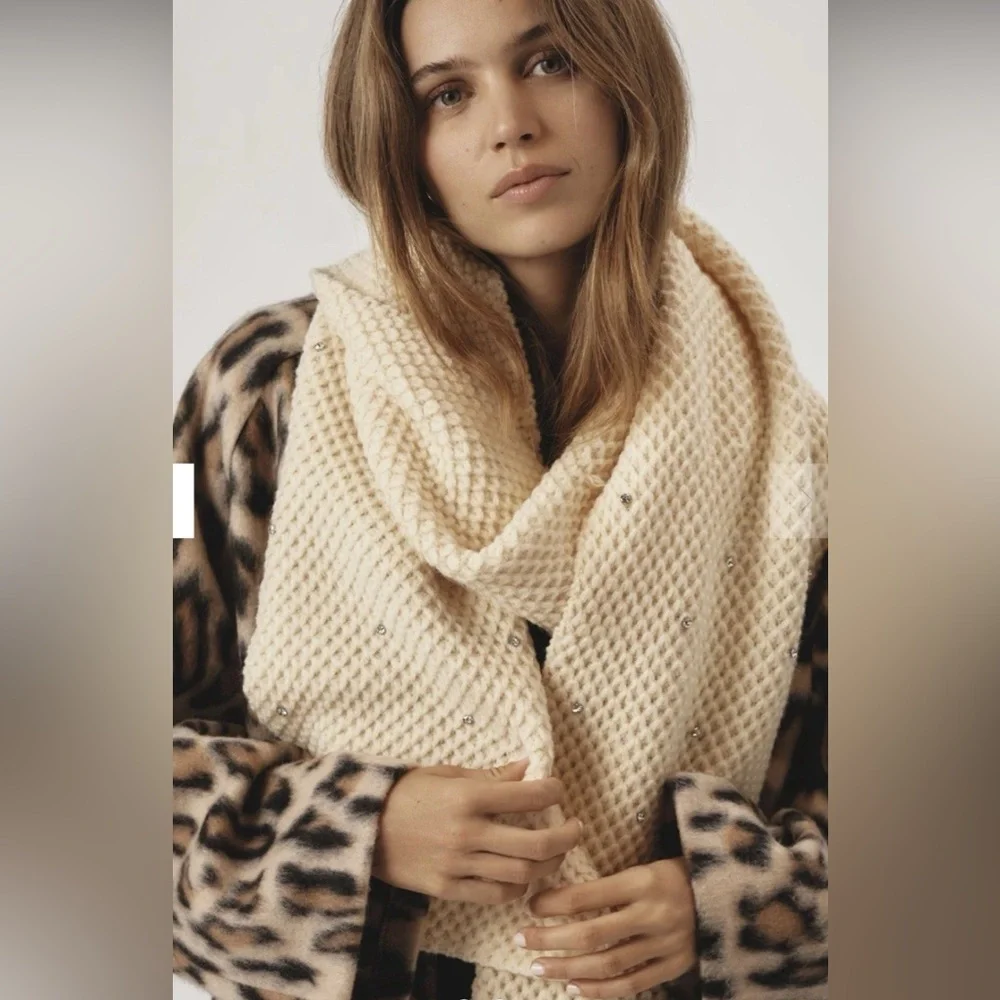 Maeve By Anthropologie Womens Luxury Cream Rhinestone Waffle Knit Scarf 80”L